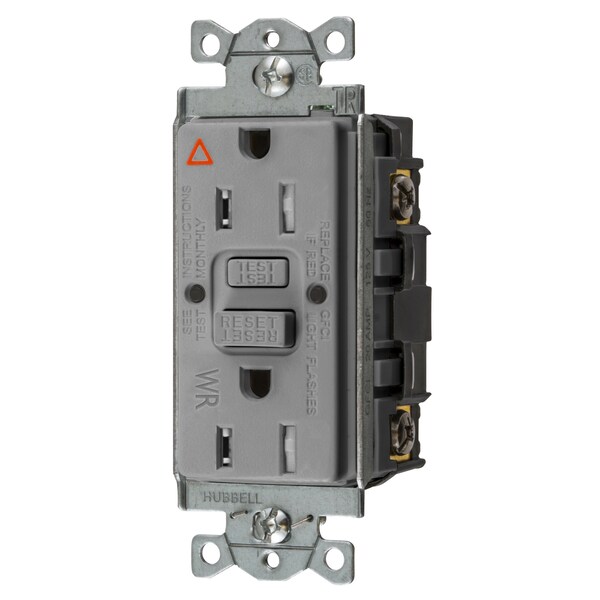 Hubbell Wiring Device-Kellems Power Protection Devices, Receptacle, Self Test, GFCI, IG, TRWR, Commercial Grade, 15A 125V, 2-Pole 3-Wire Grounding, 5-15R, Gray GFTWRST15GYIG - main